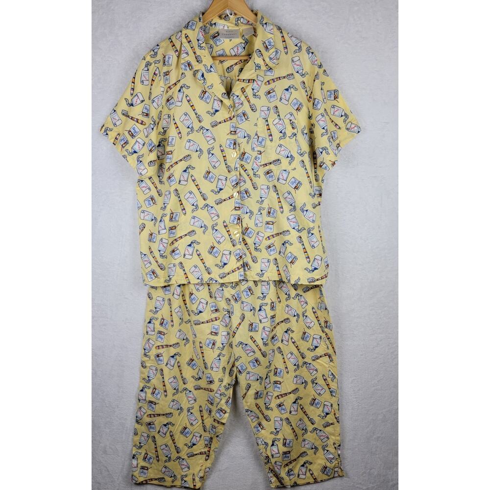 Cabernet 1X Pajama Set Yellow Printed Short Sleeve Top Drawstring Pants Dentist